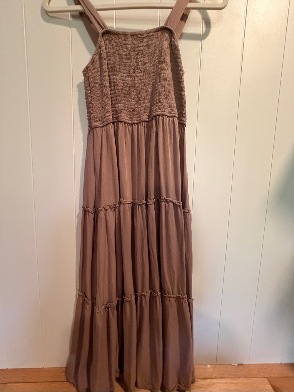 Smocked Tiered Maxi Dress in Taupe